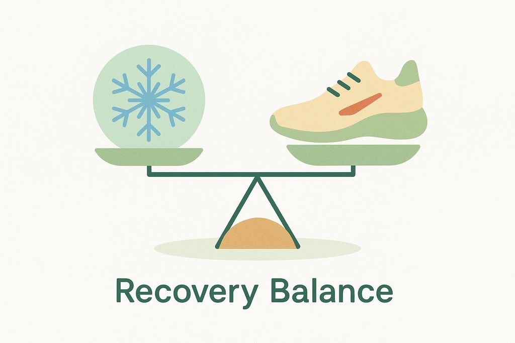 An illustrated scale perfectly balancing a fast-paced athletic shoe with a calm snowflake, symbolizing recovery balance. The text below reads 'Recovery Balance'.