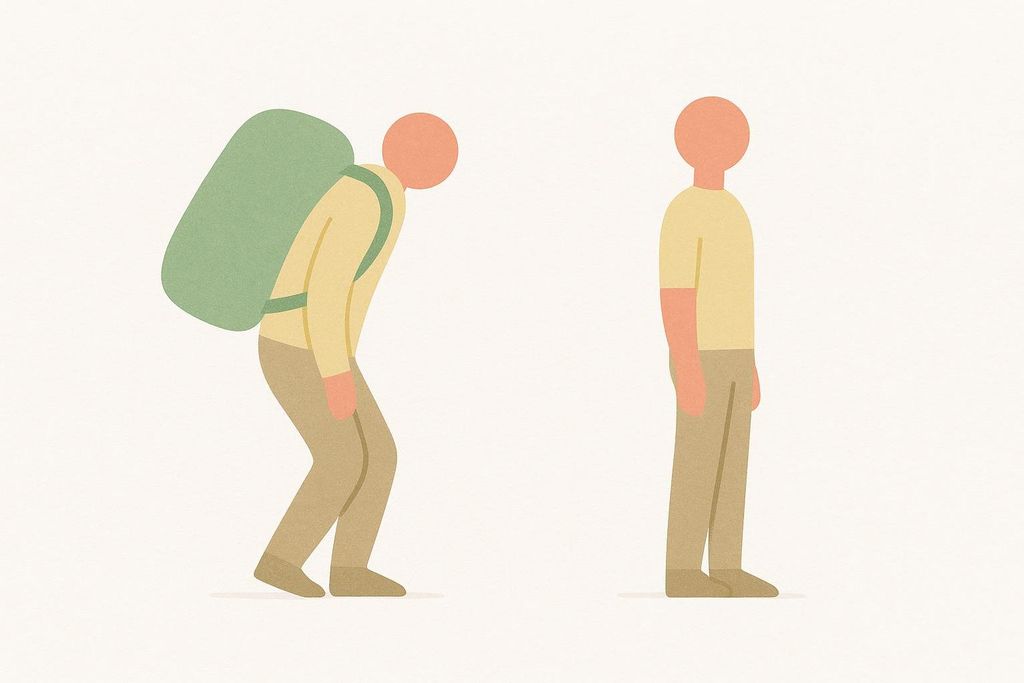 A simplified diagram showing two figures: one on the left wearing a large, heavy green backpack and bending forward as if struggling with the weight, and one on the right standing upright with no backpack, illustrating the concept of mechanical unloading after weight loss.