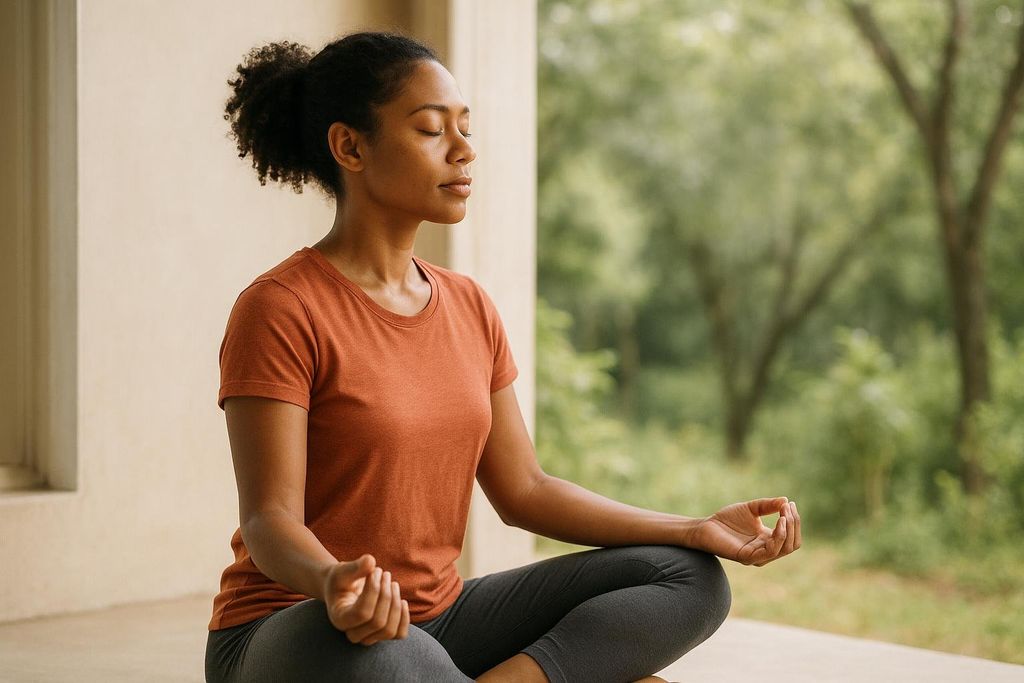 Person meditating peacefully with closed eyes in a calm setting.