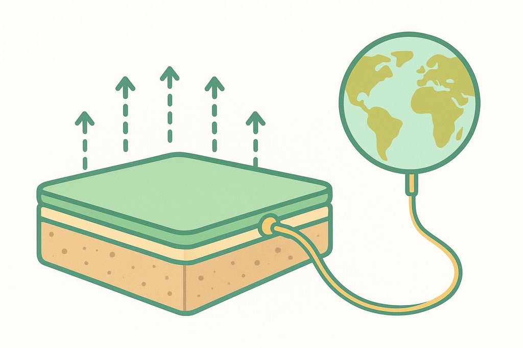 A simplified diagram showing a green mat connected by a cable to a globe representing Earth. Dashed arrows rise from the mat, illustrating the flow of electrons from the earth, through the cable, and up from the mat.