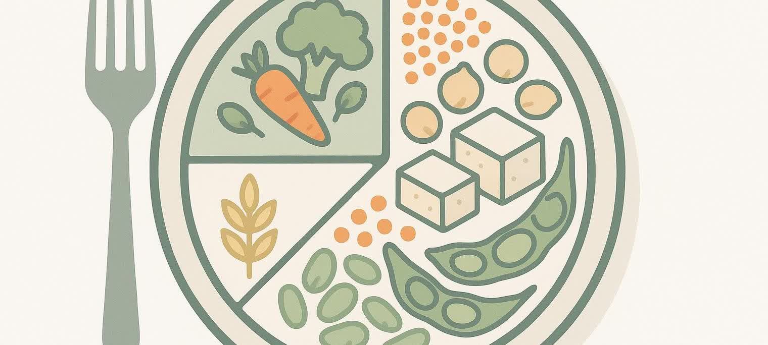 An illustration of a healthy meal plate, divided into sections for plant-based proteins, vegetables, and grains. The plate contains items such as tofu, lentils, chickpeas, edamame, broccoli, carrots, and spinach.