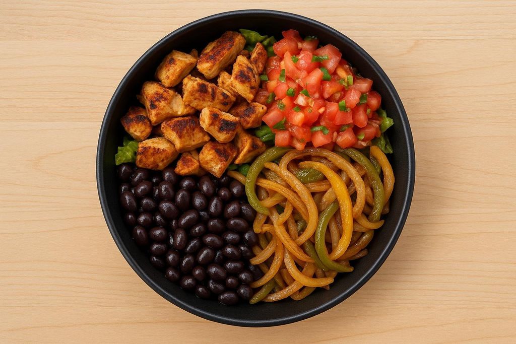 An overhead view of a healthy Chipotle-style bowl containing grilled chicken, black beans, sauteed fajita vegetables (onions and peppers), and tomato salsa, served in a black bowl on a light wooden surface.
