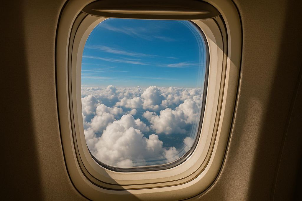 A view from an airplane window shows a vast expanse of fluffy white clouds beneath a bright blue sky.
