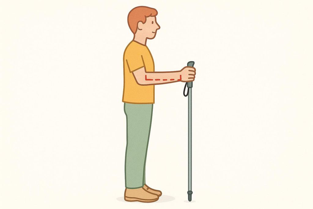 Illustration showing the correct pole length for Nordic walking, with a person holding a pole in front of them and their forearm parallel to the ground, indicated by a dashed line. The person has short brown hair, is wearing a yellow shirt and green pants.