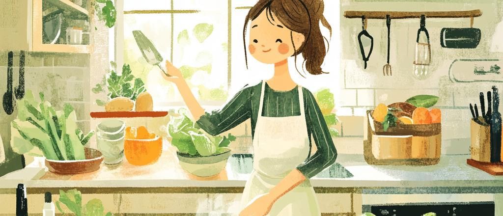 A charming cartoon illustration of a woman with her hair in a ponytail, wearing an apron, and holding a large serving spoon while standing amongst vegetables in a bright kitchen.