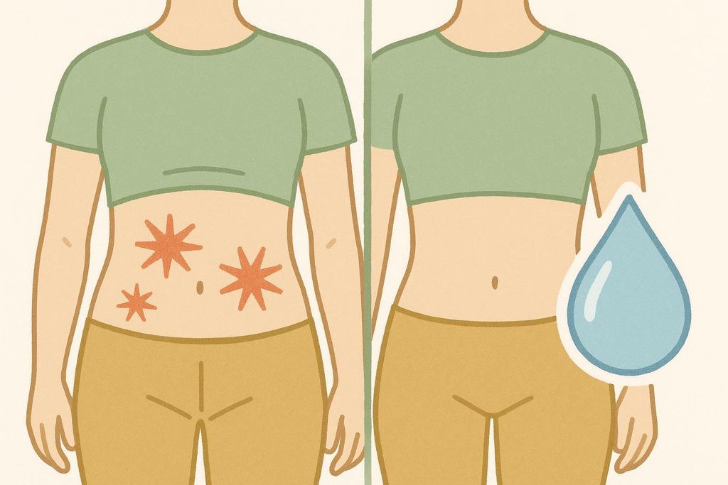 An illustration showing two torsos. The torso on the left has red asterisk shapes on the stomach, symbolizing discomfort or bloating. The torso on the right has a flat stomach with a large blue water droplet to its side, indicating that adequate water intake prevents bloating.