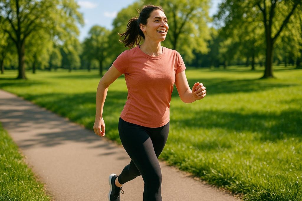 A smiling woman in a salmon-colored t-shirt and black leggings is briskly walking or jogging on a paved path in a lush green park on a sunny day.