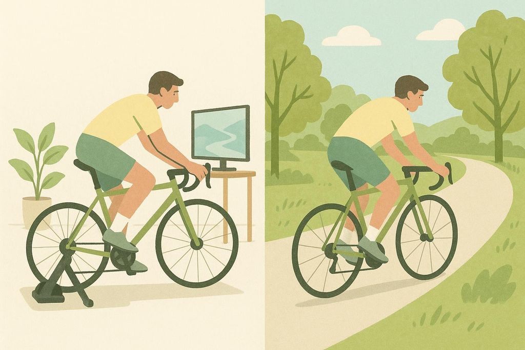 A split-screen illustration showing a person cycling. On the left, a person is on a stationary bike trainer indoors with a plant and a monitor. On the right, the same person is riding a bicycle outdoors on a paved path surrounded by trees and grass.