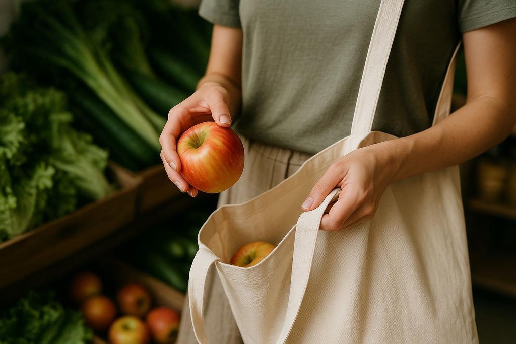 A person placing a red and yellow apple into a light-colored reusable tote bag, with other fresh produce visible in the blurred background.