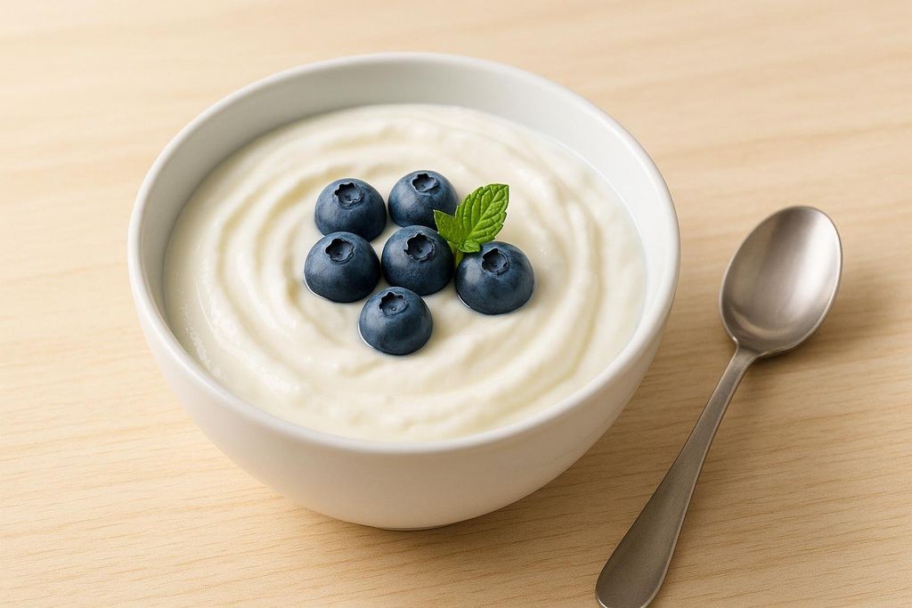 A bowl of white Greek yogurt is topped with six blueberries and a small green mint leaf. A silver spoon rests on a light wood surface next to the bowl.