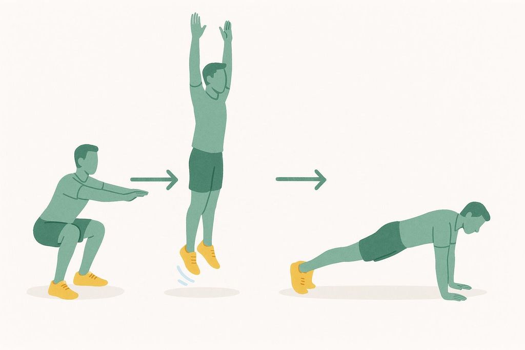 Illustration demonstrating progressive overload, showing a person performing three exercises in sequence: a simple squat, followed by a jump squat, and finally a burpee.