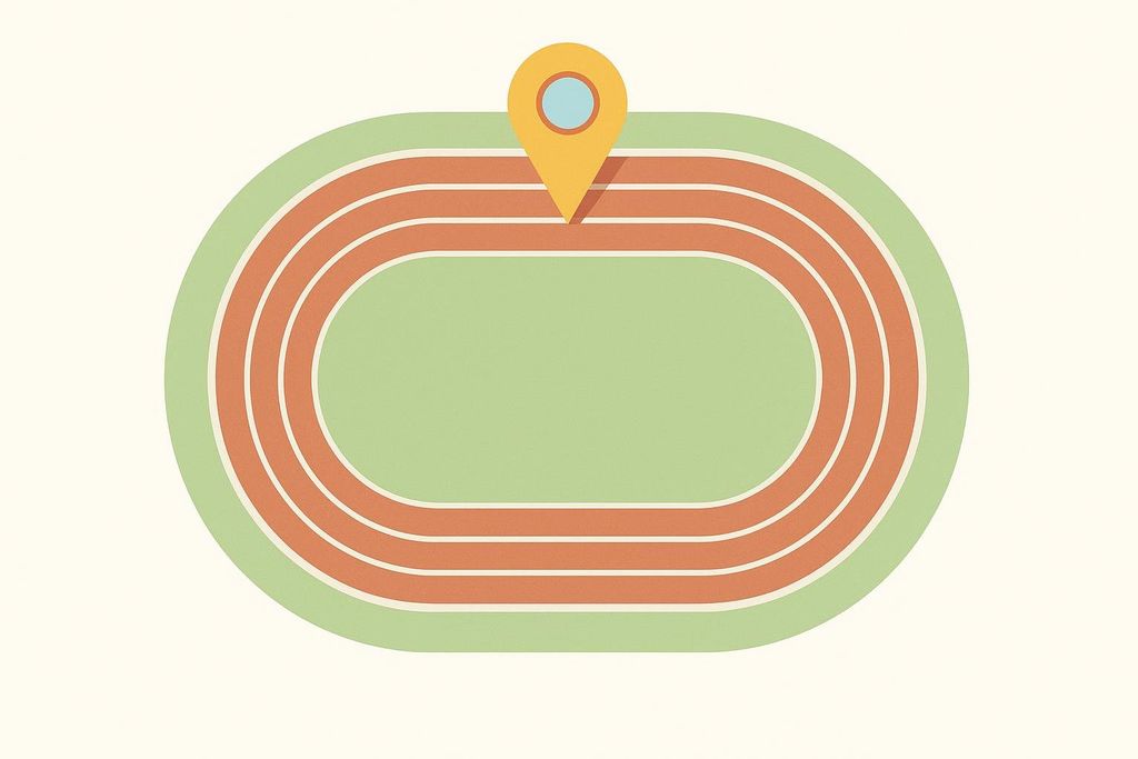 An overhead illustration of a running track with a large yellow and light blue location pin placed in the middle of the track.