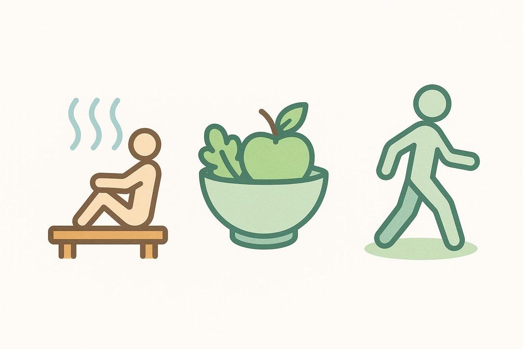 Icons representing a sauna with steam, a bowl of salad with an apple, and a walking person.