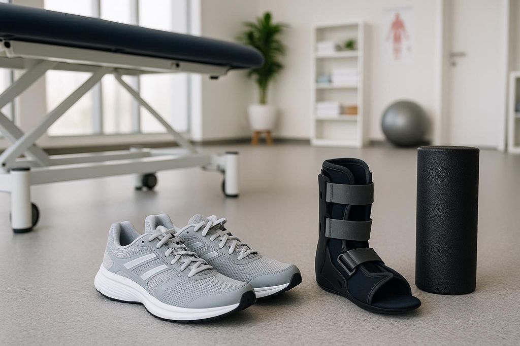 A foam roller and ankle brace placed next to running shoes.