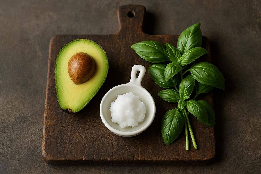 A wooden cutting board beautifully arranged with fresh avocado, coconut oil, and basil.