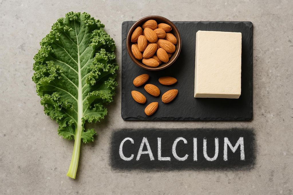 Top-down view of kale, almonds, and tofu arranged on a slate board.