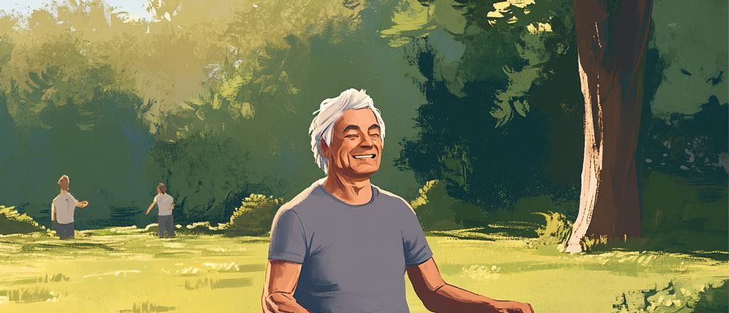 An illustration of a smiling older man with white hair sitting in a park. Two people are in the background walking.