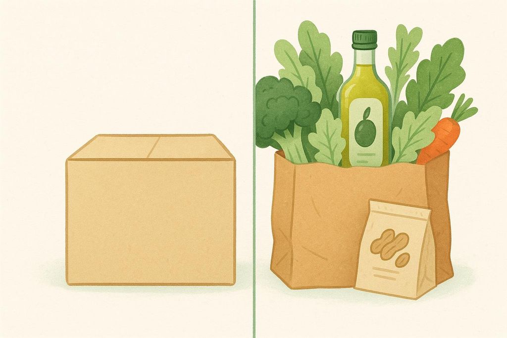 An illustration comparing a plain cardboard box, representing a generic FMD kit, with a brown paper bag overflowing with fresh groceries like broccoli, lettuce, carrots, and a bottle of olive oil, representing a do-it-yourself approach to fasting-mimicking diet.