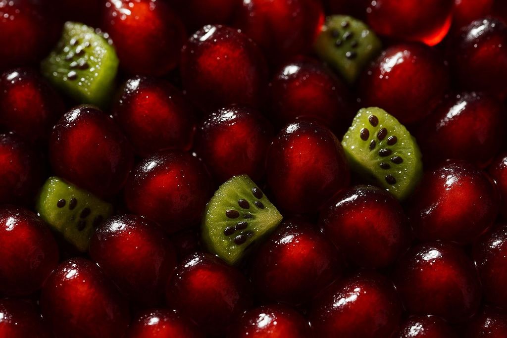 Close-up of bright, wet pomegranate seeds with small, vibrant green kiwi slices interspersed among them. The fruit appears glossy and fresh.