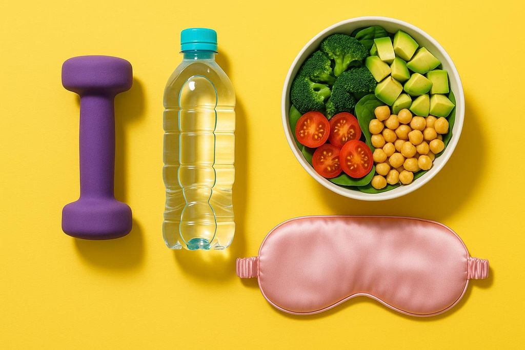 A flat lay of wellness items on a bright yellow background, including a purple dumbbell, a bottle of water, a bowl of fresh salad with broccoli, avocado, chickpeas, and sliced tomatoes, and a pink sleep mask.