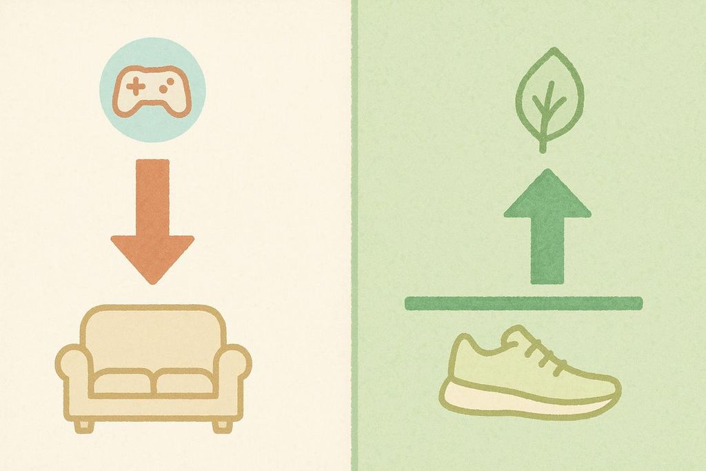 On the left, a video game controller with a downward arrow pointing to a couch. On the right, a running shoe with an upward arrow pointing to a leaf. This is a visual metaphor showing that sedentary lifestyles lead to lower heart rate variability and active lifestyles lead to higher heart rate variability.