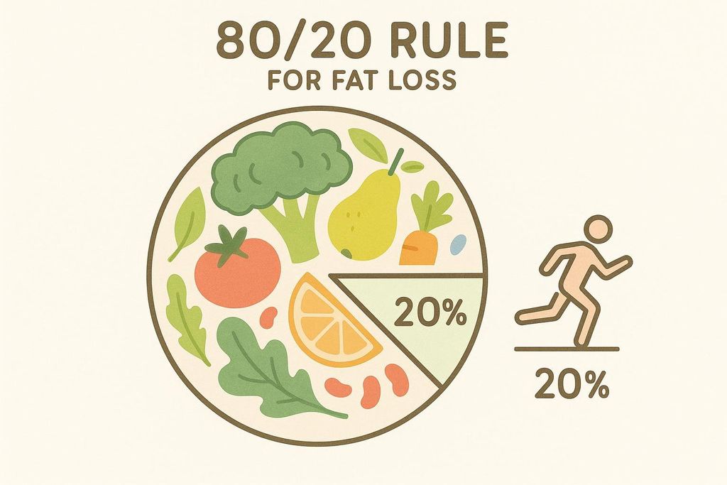 An illustration depicting the 80/20 rule for fat loss. A plate shows a large portion of fruits and vegetables (80%) representing nutrition, and a smaller portion (20%) of an orange slice. Beside it, a running figure represents exercise, also labeled 20%. The text reads '80/20 RULE FOR FAT LOSS'.