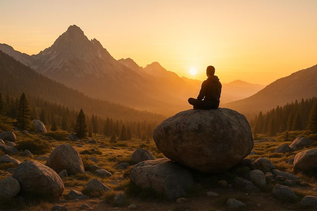 Boulderer meditating peacefully on a rock at sunrise