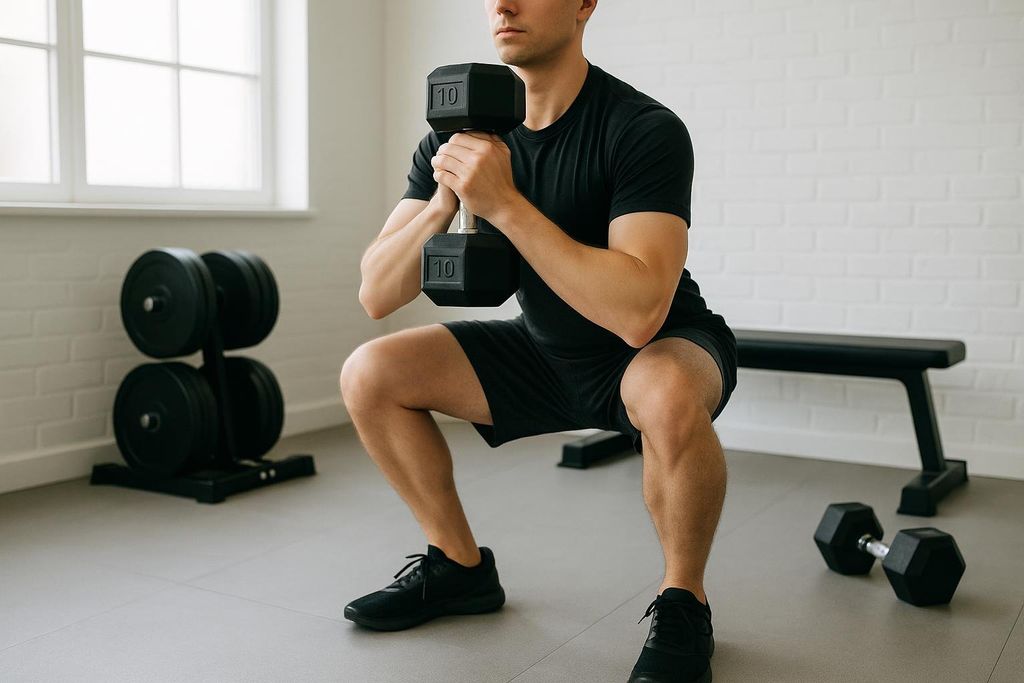 A man in a black t-shirt and shorts performs a dumbbell squat in a light-filled room. He is holding a 10-pound dumbbell with both hands at chest level, with his knees bent and thighs parallel to the floor. In the background are a weight plate rack, a window, part of a weight bench, and another dumbbell on the floor.