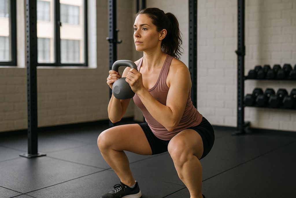 A woman uses a light kettlebell for high-repetition squats, a method for training slow-twitch muscle fibers.