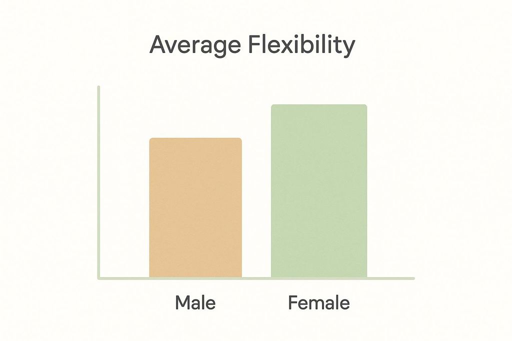 A bar chart showing 'Average Flexibility'. There are two bars labelled 'Male' and 'Female'. The Female bar is taller than the Male bar, indicating that females have higher average flexibility.