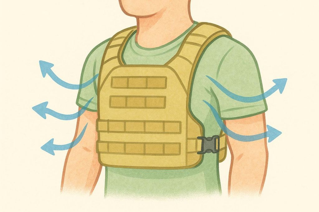 An illustration shows airflow around a tan ruck vest with a swimmer's cut worn over a green t-shirt, highlighting its breathability with blue arrows indicating air movement at the sides and armpits.