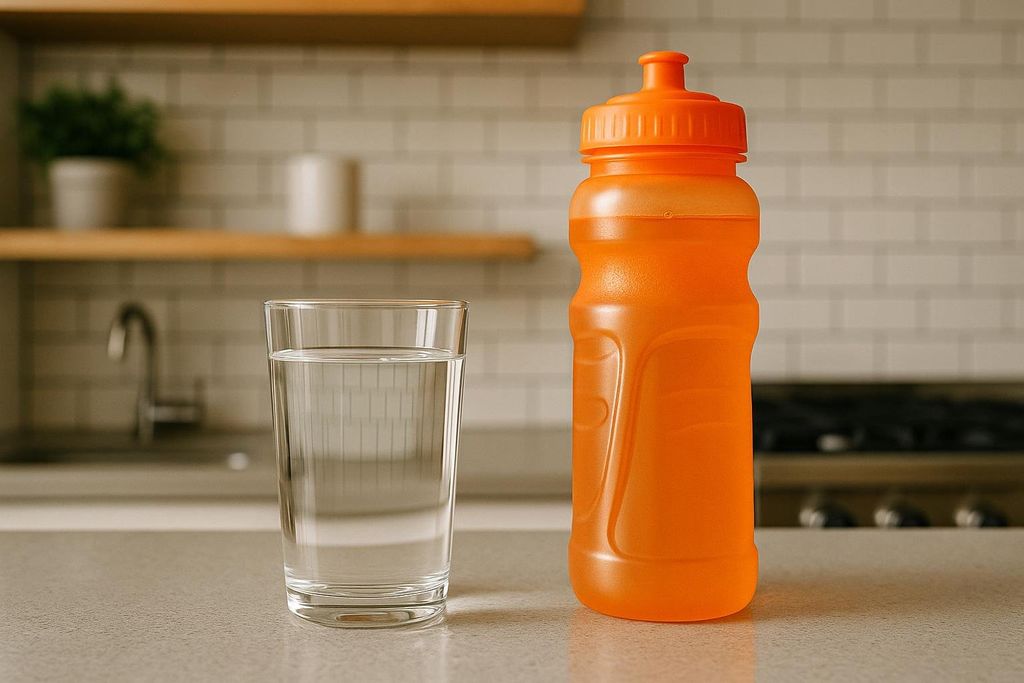A clear glass filled with water stands next to an orange reusable water bottle on a kitchen counter. In the background, there's a tiled backsplash, a sink, and a stovetop, with a wooden shelf above.