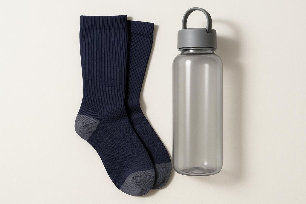 A pair of navy blue ribbed socks with grey toes and heels rests next to a clear grey-tinted water bottle with a darker grey lid and handle on a light background. The socks are positioned vertically to the left, and the water bottle is to the right.