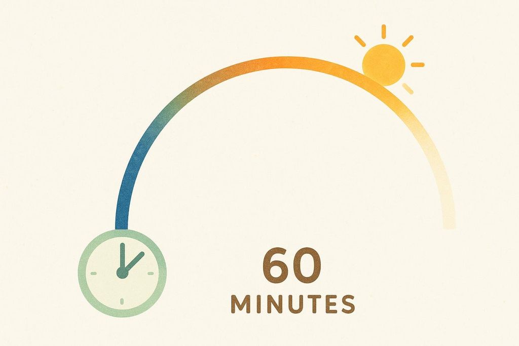 An infographic illustrating a sunrise alarm clock over 60 minutes. A curved line transitions from dark blue to light yellow, mimicking the progression of dawn. At the start of the curve, a clock icon is present. At the end of the curve, a bright yellow sun icon is shown. Below the curve, the text '60 MINUTES' is displayed.