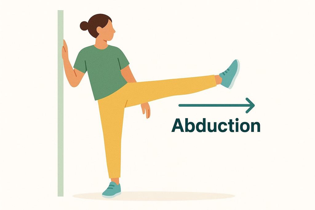 An illustration of a woman performing a standing wall side-kick to demonstrate abduction. She is leaning against a wall with her left hand while her right leg is extended sideways with an arrow indicating the outward movement of 'Abduction'.