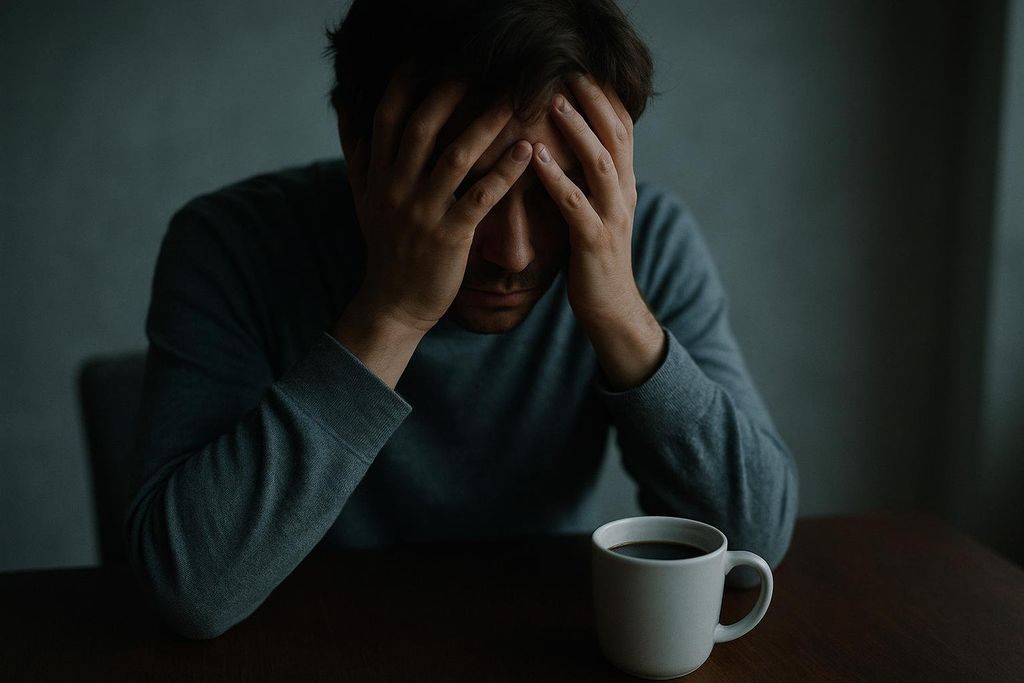 A man in a blue long-sleeved shirt covers his face with his hands, appearing stressed or fatigued, with a white coffee mug on a table in front of him.
