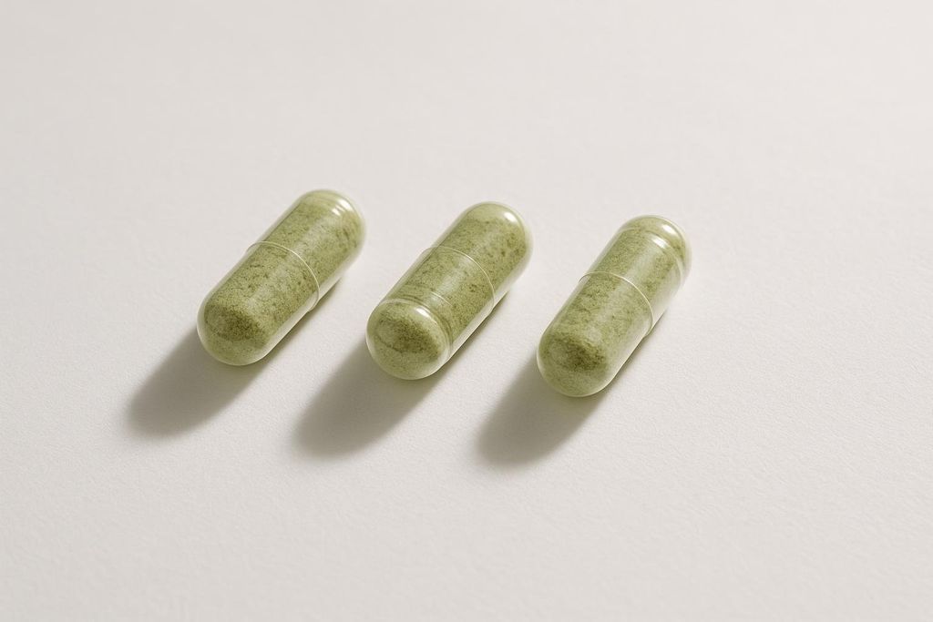 Three clear capsules filled with a light green powder, arranged in a row on a plain white surface. Each capsule shows the granular texture of the powder inside.