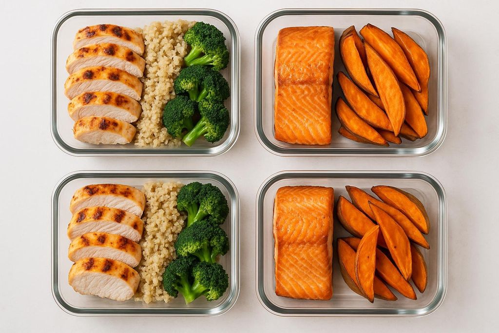 Four glass meal prep containers neatly arranged on a white counter. Two containers hold sliced chicken breast, quinoa, and broccoli, while the other two contain cooked salmon fillets and sweet potato wedges.