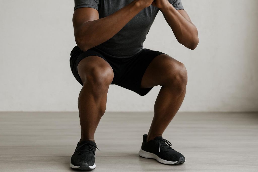 A close-up view of a man's legs during a squat, showing proper form with knees aligned over the feet, indicating balanced muscle strength.