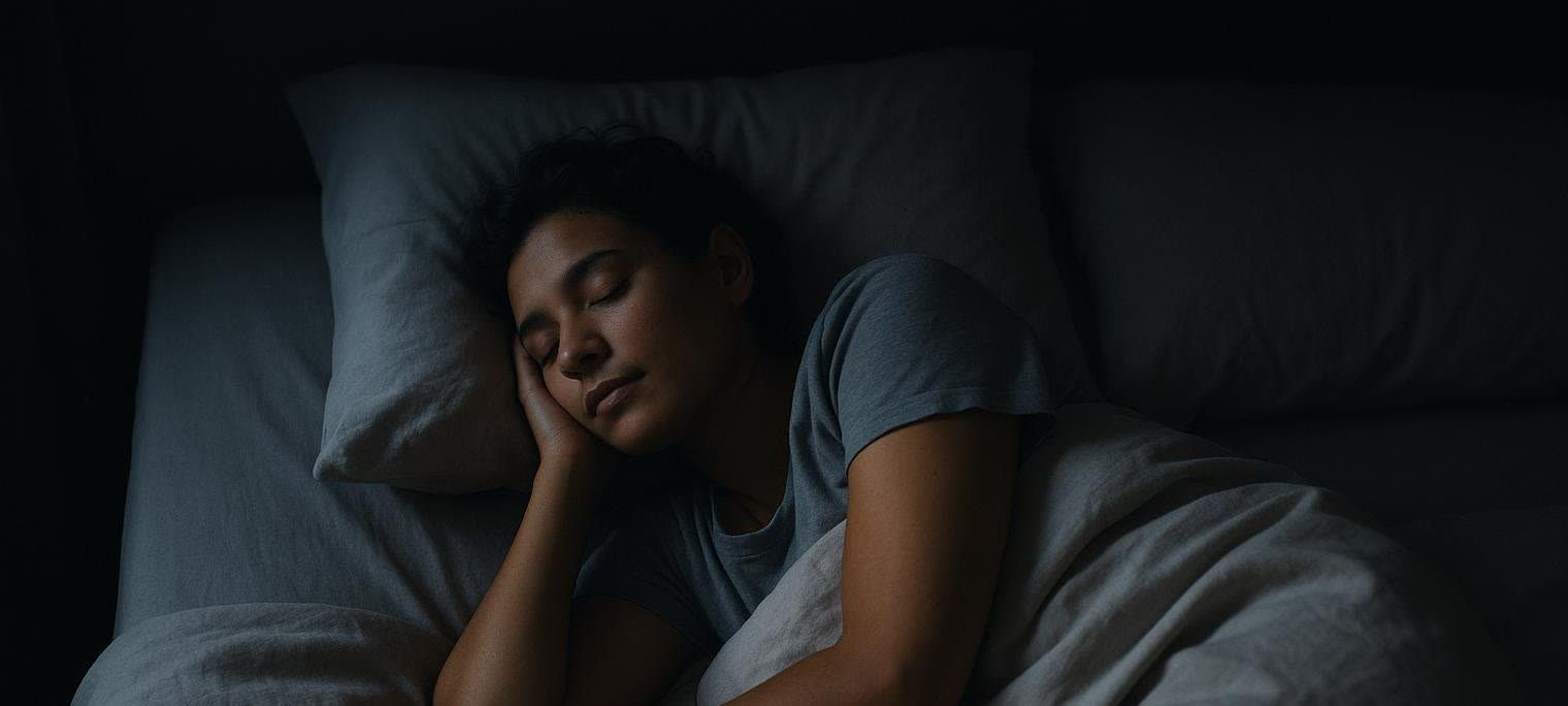 A woman sleeping peacefully on her side in a dark bedroom, with her head resting on a pillow and hands tucked under her cheek. The room is dimly lit, suggesting a nighttime scene.