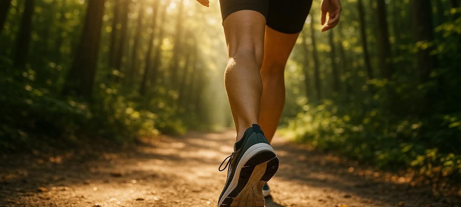 Close-up of a person’s legs and feet walking on a sun-dappled path through a forest.