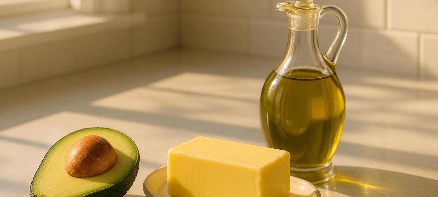 A minimal, sunny kitchen counter displaying healthy fats like an avocado, butter, and extra virgin olive oil.