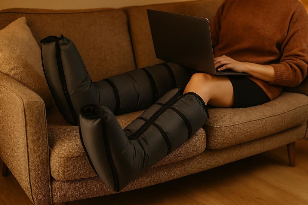 A person relaxing on a couch with compression therapy boots on while typing on a laptop.
