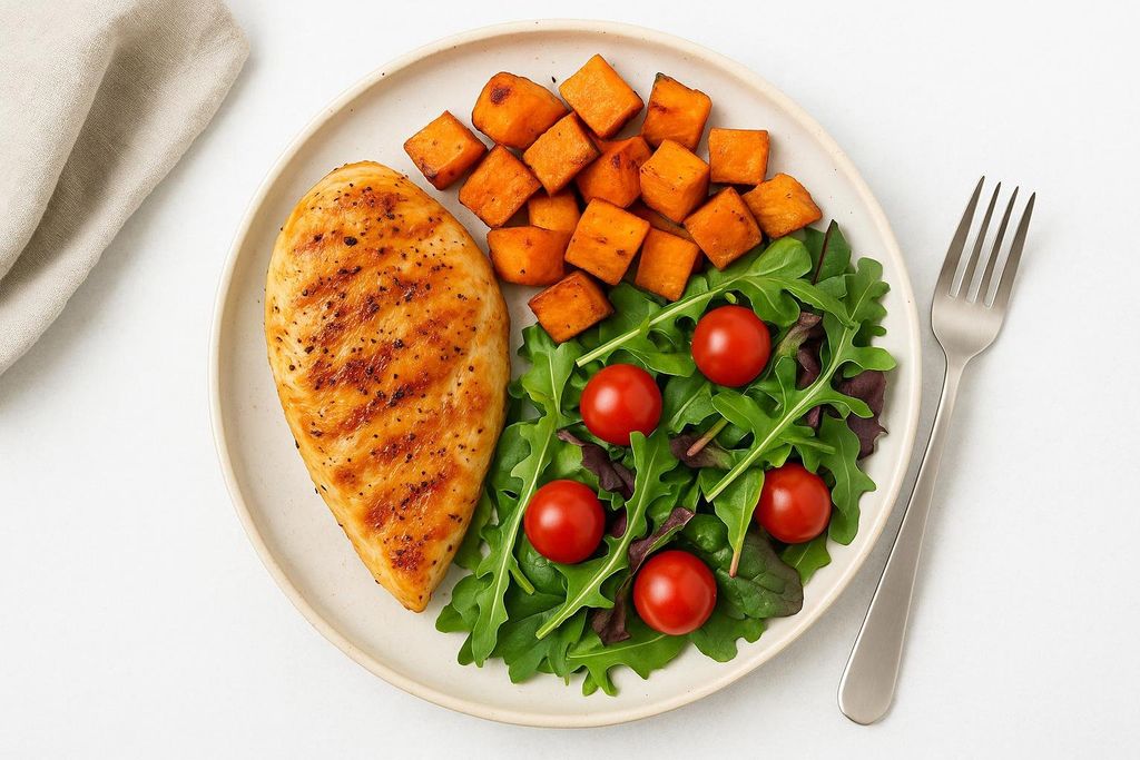 A white plate holds a grilled chicken breast, a pile of cubed sweet potatoes, and a fresh salad with arugula and cherry tomatoes. A silver fork rests beside the plate.