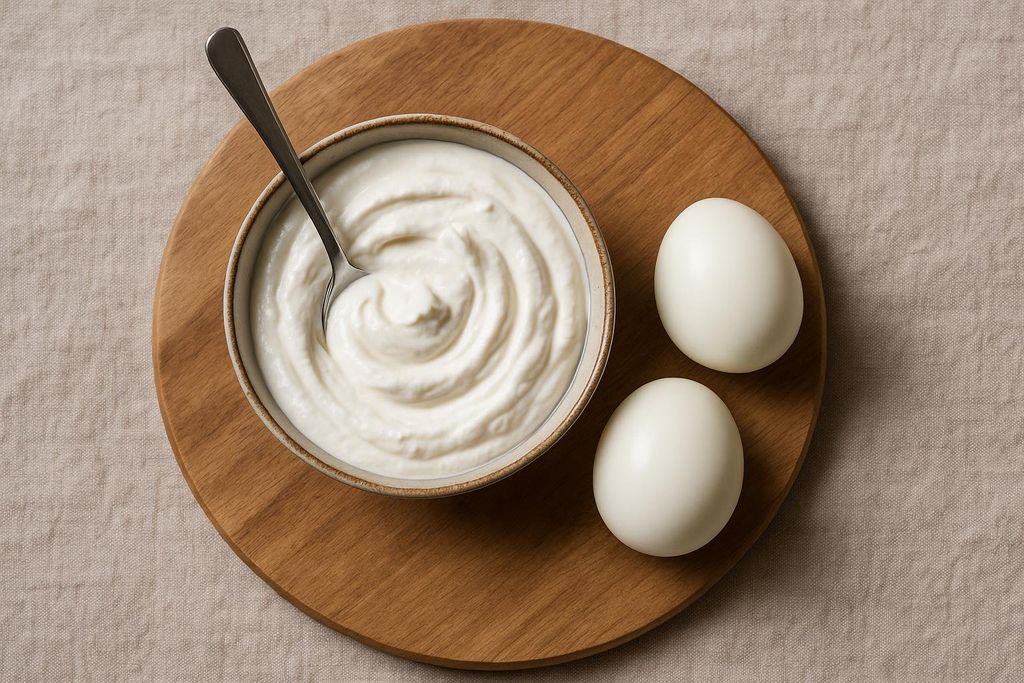 A bowl of white yogurt with a spoon, accompanied by two hard-boiled eggs, all resting on a round wooden cutting board. The items are arranged on a light-colored, textured fabric.
