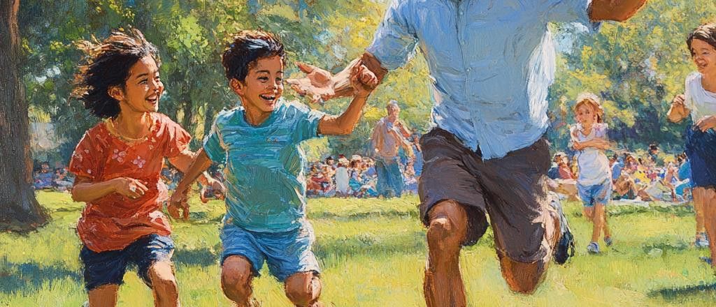 An impressionistic painting of a family happily running through a park on a sunny day.
