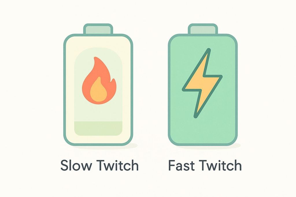 Illustration comparing slow-twitch and fast-twitch muscle fibers. The slow-twitch fiber is represented by a battery icon with a flame inside, and the fast-twitch fiber by a battery icon with a lightning bolt inside. Text below each battery reads 'Slow Twitch' and 'Fast Twitch' respectively.