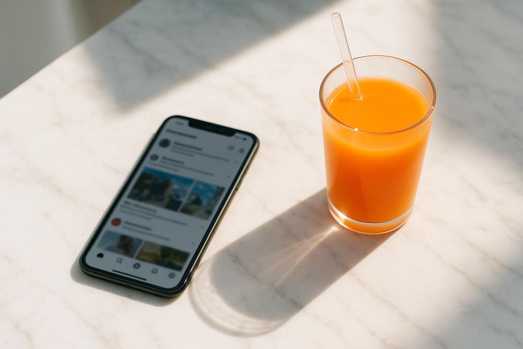 A smartphone displaying a social media feed and a glass of bright orange juice with a straw sit on a light-colored marble surface, partially illuminated by sunlight.