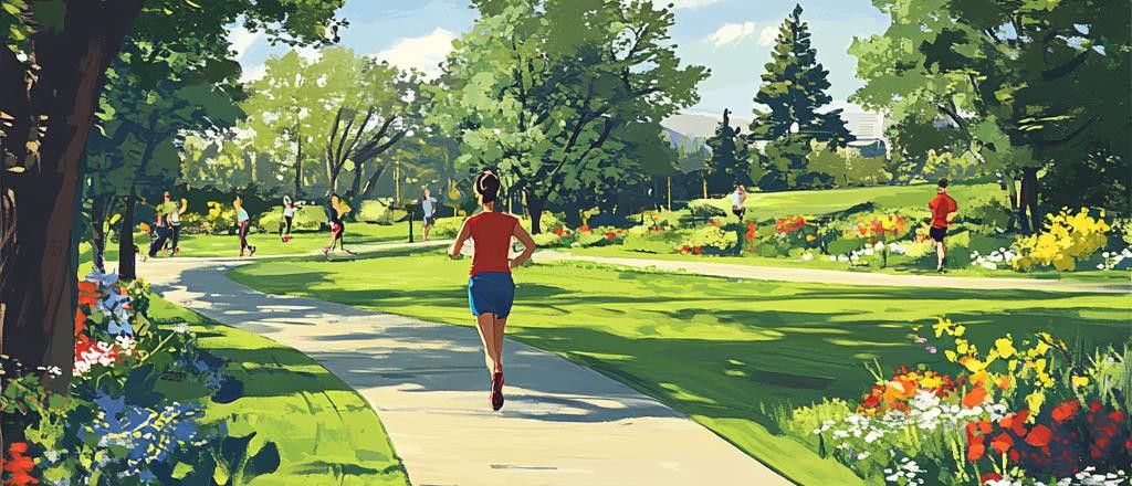 An impressionistic painting of a park on a sunny day. Several people are walking or running on a paved path that curves through a grassy area bordered by trees and colorful flower beds.