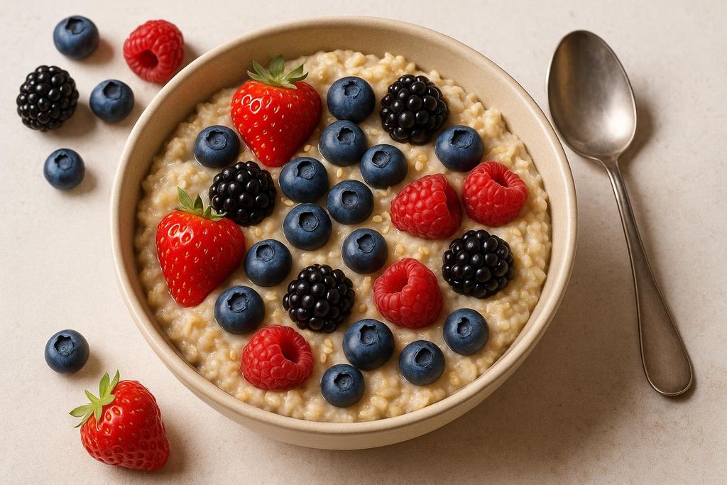 A close-up view of a bowl of oatmeal topped with a generous assortment of fresh berries including whole strawberries, blueberries, raspberries, and blackberries. A silver spoon rests beside the bowl on a light-colored surface.